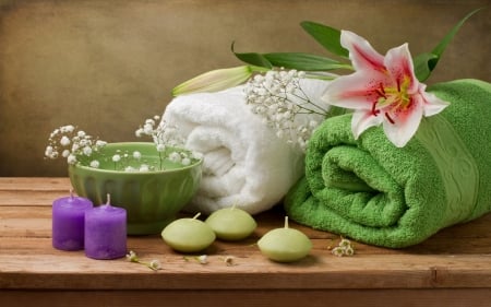 Decoration with lily flower in spa - spa, towels, flower, candles