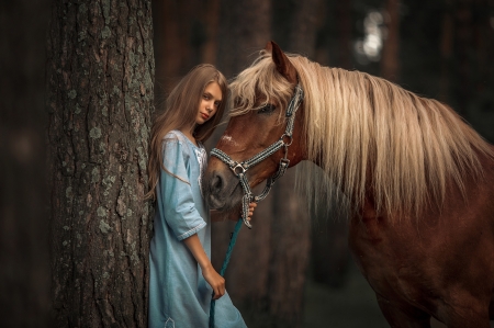 Girl - tree, horse, look, dress