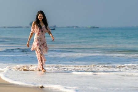 Girl Walking Along the Beach - beach, brunette, dress, model