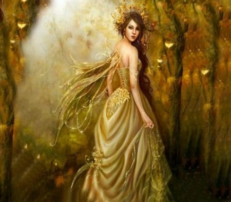 Golden Autumn Fairy - wings, forest, golden, fairy, trees, brunette, autumn