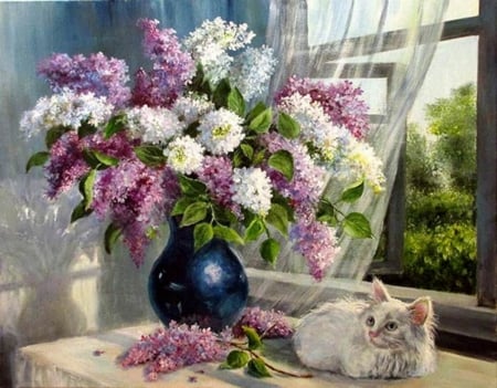 Lilacs - Vase, Window, Purple, Nature, Flowers, White