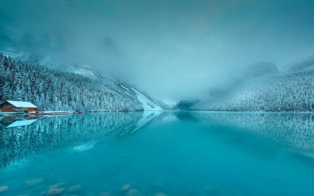 Lake Louise in winter - Foggy, Snow, Banff national park, Canada, Log cabin, Alberta