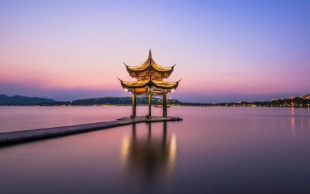 West Lake, China - Water, China, Pagoda, Reflection, Purple sky, Sky, Morning