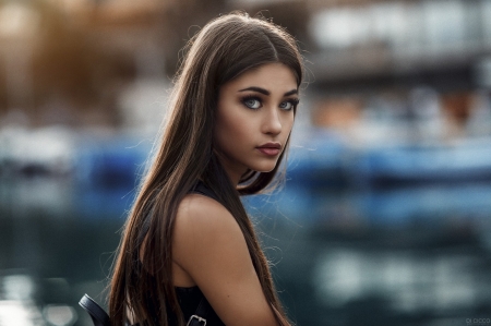 Unknown Model - juicy lips, beautiful, portrait, depth of field, woman, model, face, women outdoors, brunette, blue eyes