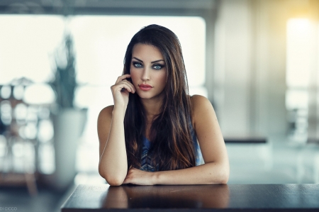 Unknown Model - women, portrait, smoky eyes, model, moles, red lipstick, face, brunette, blue eyes