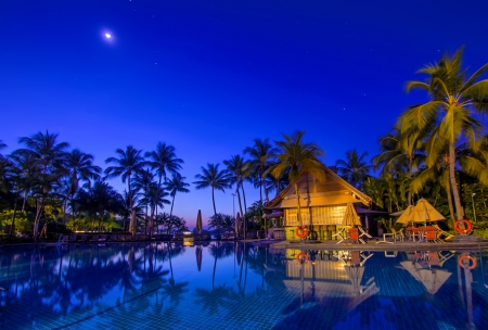 Tropical vacation - palms, summer, vacation, beautiful, evening, sea, night, reflection, tropical, pool, exotic, paradise, hut, sky