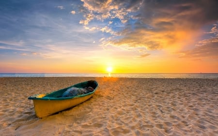 Abandoned Boat - clouds, sunset, beach, sea, sun, sky