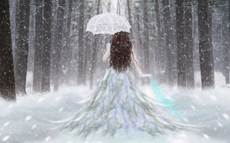 Princess In Snow - forest, snowflakes, trees, brunette, princess, parasol, dress, snow