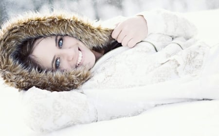 Woman With Blue Eyes Lying In The Snow - Woman, Female, People, Snow, Blue eyes, Jacket, Hat, Lying