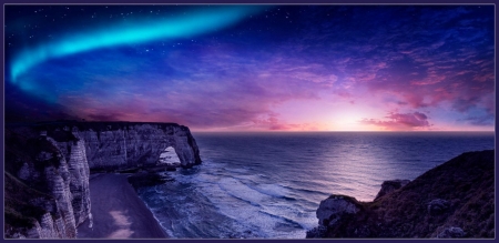 MYSTICAL PLACE - sky, ocean, beach, clouds, blue, sunset, cliffs, waves