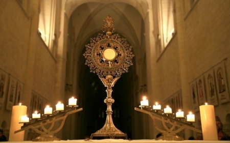 The Most Holy Sacrament - monstrance, adoration, Sacrament, candles, Jesus