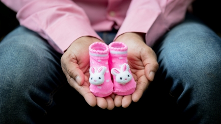 :-) - pink, bunny, copil, man, child, white, hand, cute, socks, father