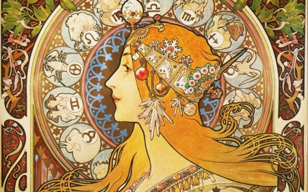 Zodiac - alfons maria mucha, girl, orange, art, zodiac