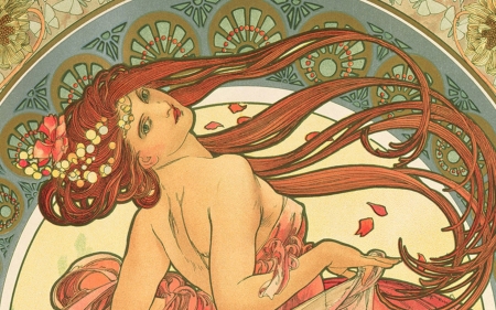 Wind dancer - dancer, redhead, art, girl, petals, alfons maria mucha, wind