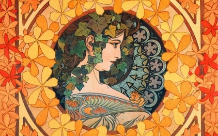 The girl with ivy - art, girl, orange, ivy, alfons maria mucha