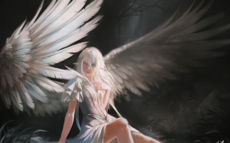 Angel - white, art, girl, angel, luminos, feather, fantasy