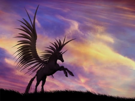 Pegasus starting - art, sky, horse, clouds, wings, unicorn