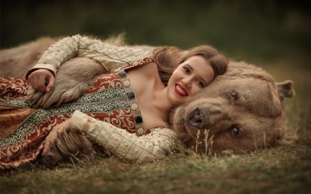 Beauty and the beast - bear, animal, woman, model, girl, hug