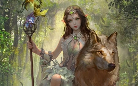 :-) - elf, frumusete, lup, fantasy, wolf, girl, luminos