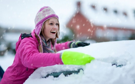 Winter Check - woman, check, hat, winter, gloves, jacket, car, pink, snow