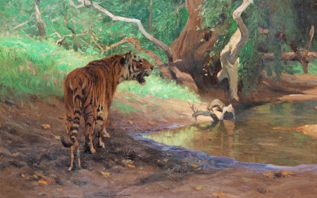 Tiger - painting, art, water, pictura, summer, friederich wilhelm kuhnert, tiger, tigru