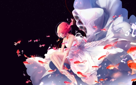 :-) - black, manga, anime, girl, fish, pink, lluluchwan