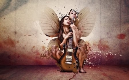 Fairy - guitar, fantasy, instrument, wings, girl, fairy, art, pink