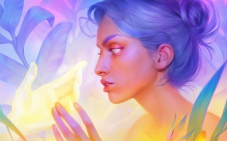 Touch - tubik, ghost, yellow, spirit, blue, girl, fantasy, hand, face, art, luminos