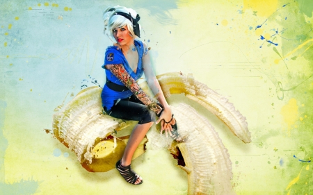 :-) - yellow, summer, blue, girl, banana, fantasy, fruit, art, vara, luminos