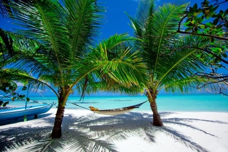 Tropical rest - relax, palms, summer, beach, beautiful, hammock, sea, island, ocean, rest, tropical, view, exotic, sands