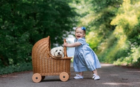 Little Girl - road, joy, stoller, stroller, girl, dog