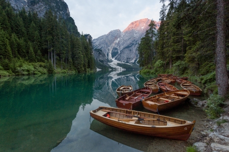 River - boats, trees, water, mountains, fishing boats, nature, woods, forest, wild, river