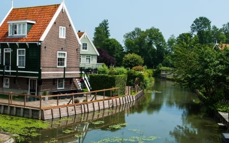 Netherlands Landscape - canal, Netherlands, trees, houses