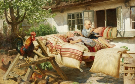 :-) - painting, children, rooster, pictura, summer, copil, hans ole brasen, bird