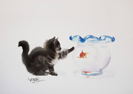 Kitten playing with a goldenfish - boack, cat, animal, kitten, paw, pisici, cute, fish, murakami yutaka, art