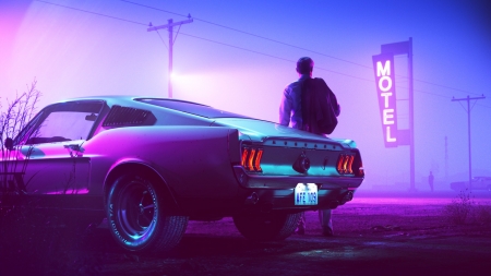 :-) - car, luminos, man, pink, mustang, blue, synthpop, fantasy