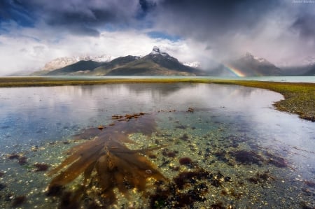 Rainbow - winter, nature, lake, clouds