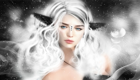 :-) - frumusete, black, fantasy, white, ears, rendering, girl, luminos