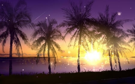 Sunrise - silhouette, palm tree, vara, water, summer, purple, yellow, luminos, sea, sunrise