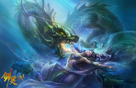 :-) - rongrong wang, girl, luminos, blue, dragon, fantasy