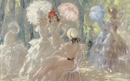 Gossip - hat, louis icart, girl, umbrella, lady, parasol, painting, woman, art