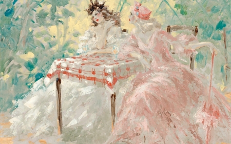 Gossip - woman, painting, art, girl, pink, louis icart, table