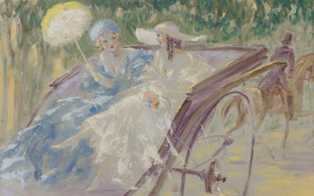 Elegant ladies - hat, umbrella, parasol, blue, painting, louis icart, art