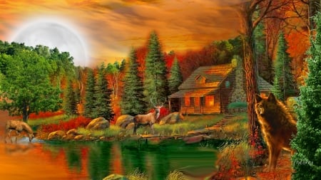 Homestead - lake, sky, trees, serene, remote, deer, wolf, tranquility, forest, full moon, cabin