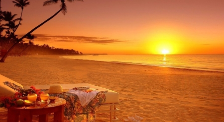 Beach relaxation - summer, beach, sunset, drinks