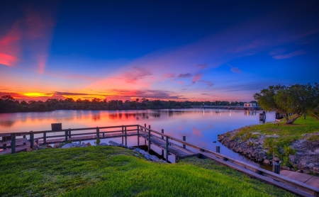 Sunset - pier, sky, lake, summer, sunset, red sky