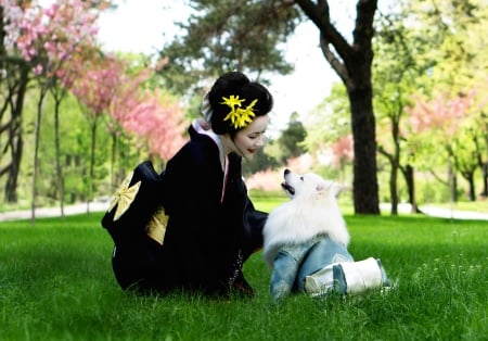 Simba`s Dreams About Motherland - happy dogs, landscape, dogs in kimono, samurai, white dogs, pets couturier simba, pushistiy kutyurye simba, geisha, dog smiling, japanese spitz, japan, simba tsar zverei, dogs, kimono, japanese style