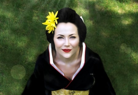 From the photosession Simba`s Dreams About Motherland - woman, women, yuliya strizhkina, landscape, pets couturier simba, pushistiy kutyurye simba, woman in black, geisha, japan, woman in kimono, kimono, grass, japanese style