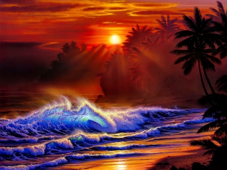 Golden moments - coast, beach, island, sunrise, reflection, moment, exotic, paradise, golden, art, sky, palms, beautiful, sea, ocean, tropics, sunset, painting, waves, fiery