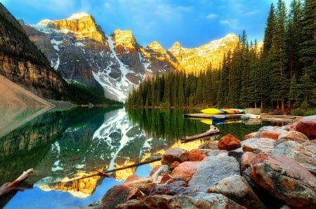 Banff NP - alberta, lake, boats, mountain, national park, serenity, view, banff, sones, reflection, tranquil, beautiful, canada, canoe